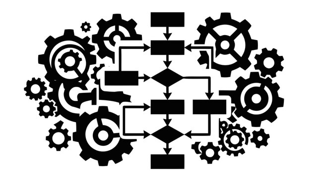 Vector illustration of workflow process diagram with mechanical gears on a transparent background