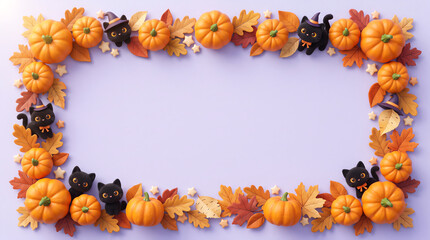 Obraz premium Festive halloween border made of small pumpkins and black cat figurines on a light purple background