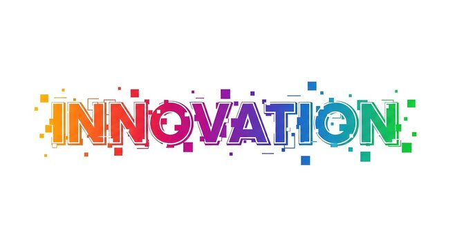 Innovation typographic vector design. Colorful rainbow word art with creative pixel and geometric particle elements. Modern conceptual lettering for business banners, technology posters, and startup