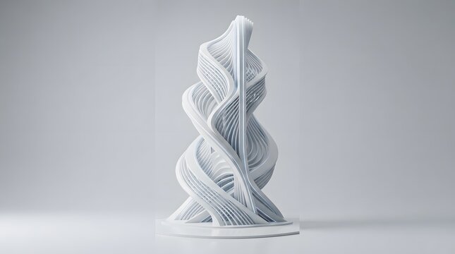 Abstract 3D printed architectural sculpture with complex parametric spiral geometry