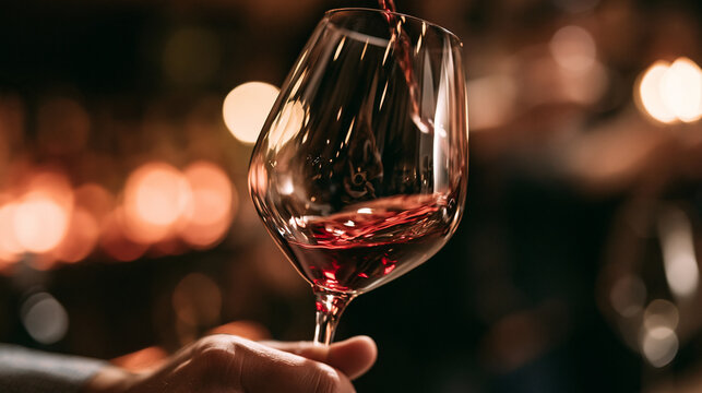Hand, person and swirl red wine for taste testing, quality control and sensory ritual in glass. Customer, inspection and alcohol for aroma, balance flavour and evaluation process and event with bokeh