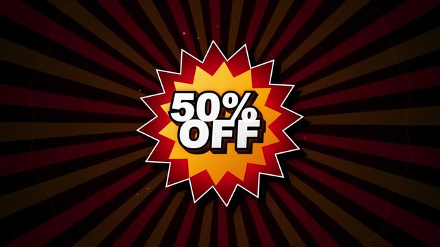 Retro comic style fifty percent off promo graphic animation with rotating radial sunburst