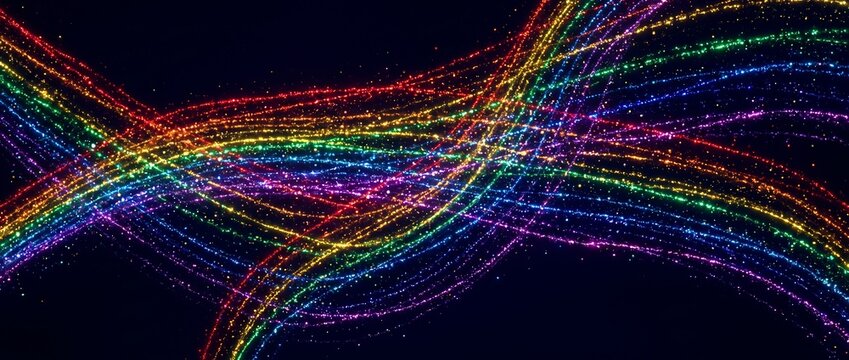 暗闇で交わりきらめく七色の光の軌跡