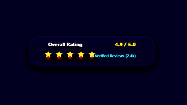 Overall Rating 4.9 out of 5.0 promotional badge animation with verified reviews against a dark background motion graphic loop