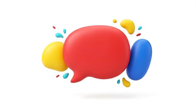 Vibrant colorful speech bubbles are dynamically arranged together with bright confetti floating all around on a simple clean white background