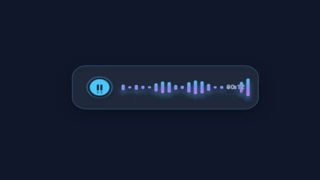Audio waveform sound wave player interface with pause button and glowing purple bars against a dark background motion graphic loop
