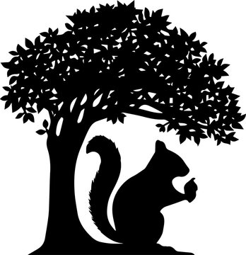 Black Silhouette of a Squirrel Holding an Acorn Under a Leafy Tree Isolated on White Background Vector Illustration