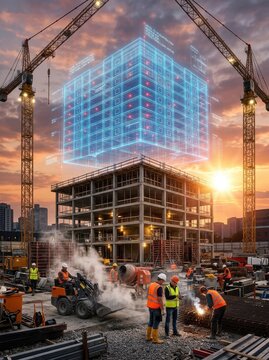 Futuristic Construction Site with Digital 3D Building Hologram and Workers at Sunset for Smart City Development