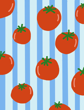 Cute tomato seamless pattern background with blue and white stripes