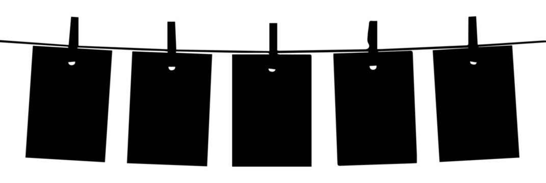 Black Silhouette of Five Blank Photo Cards Hanging on a Clothesline with Clothespins Vector Illustration