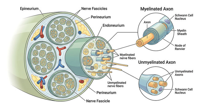 Detailed anatomical illustration of a peripheral nerve showing myelin sheaths and nerve fascicle structure