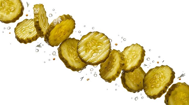 Fresh pickle slices floating in water with dill and peppercorns for culinary or food photography background.