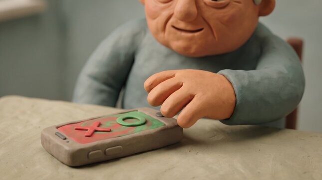 Senior Phishing Online Scam Prevention concept. Clay figure of elderly man reaching for smartphone with tic-tac-toe game on screen