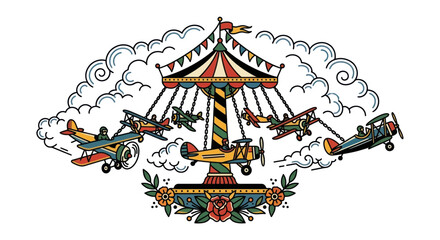 Vintage Carousel with Biplanes and Clouds © slimut