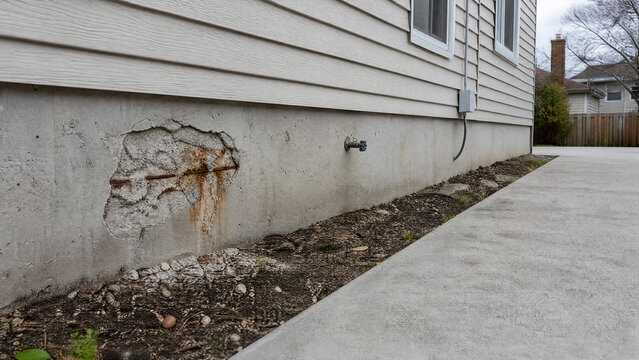 Damaged concrete foundation wall with exposed rusted rebar and spalling