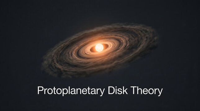 Protoplanetary disk theory 3d render showing a glowing central star surrounded by a swirling dense ring of cosmic dust and gas clouds