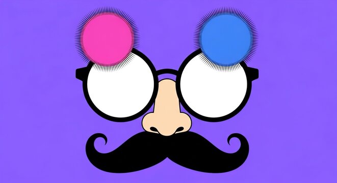 Funny disguise glasses vector illustration. Features black frames with a fake nose and mustache on purple background. Playful novelty party mask graphic for April Fools Day and festivals.