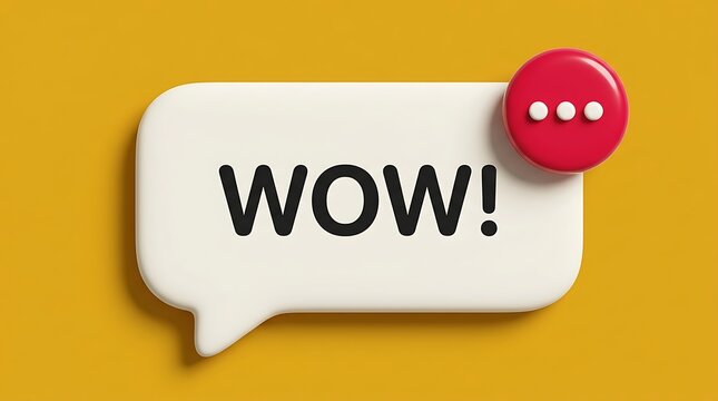 A vibrant 3d rendering of a speech bubble displaying the word wow with a notification icon on a yellow background