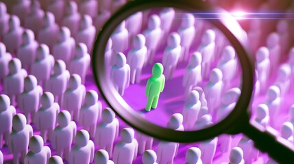Fototapeta premium Magnifying glass highlighting unique green person among crowd recruitment talent search candidate selection human resources hiring leadership identification and business workforce concept