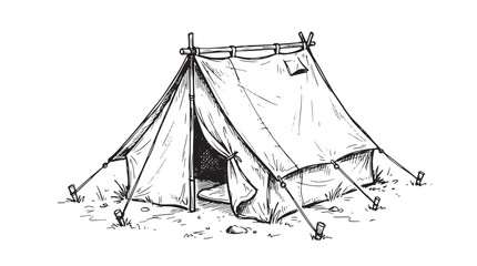 Vintage hand-drawn camping tent vector, rustic canvas shelter illustration, traditional outdoor gear sketch for hiking and adventure isolated on White Background © Iram