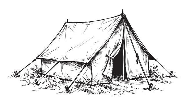 Vintage camping tent illustration, hand drawn retro canvas shelter vector, rustic outdoor gear sketch for hiking and adventure isolated on White Background