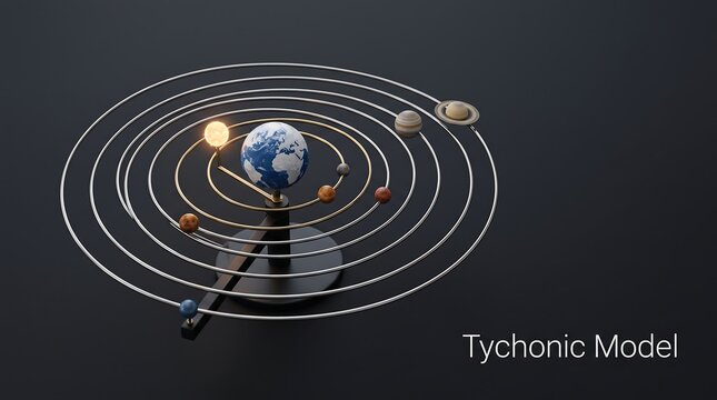 Tychonic model of solar system with earth at center and sun orbiting earth 3D render