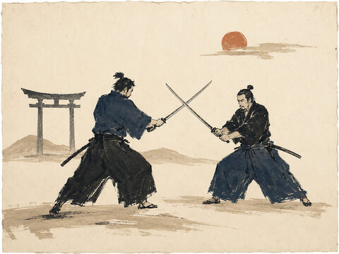Two samurai fighting with a vintage paper painting theme