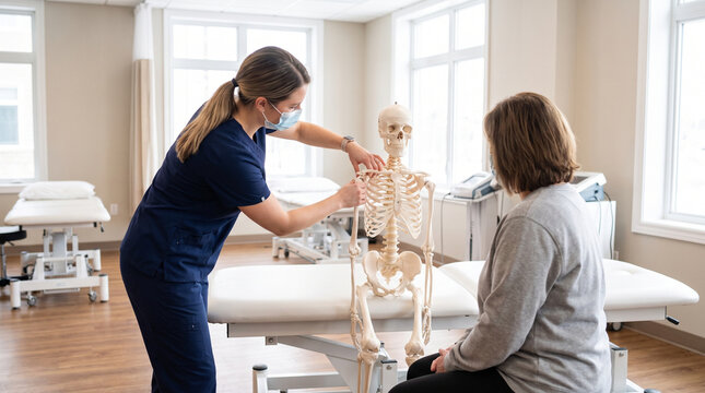 Female physical therapist explaining shoulder anatomy using human skeleton model to female patient