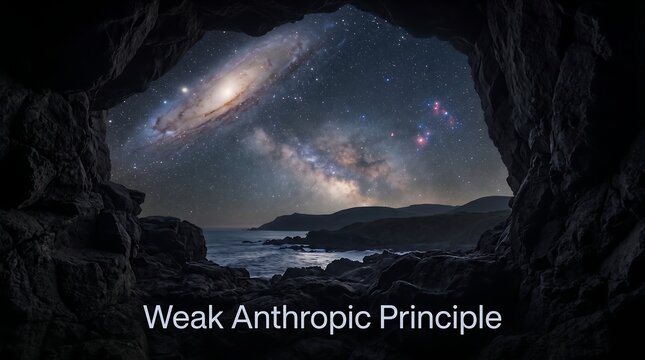 Weak anthropic principle concept visualised with a view from deep inside a rocky cave looking out at the vast starry night sky and galaxies