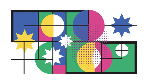 Vibrant retro abstract graphic art with multi-colored geometric blocks, circles, stars, half-tone dots, and bold black grid lines.