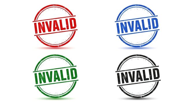 Invalid round rubber stamp set. Red, blue, green, and black grunge circular seals with invalid text. Textured postmark vectors for document verification, rejection, and quality control.