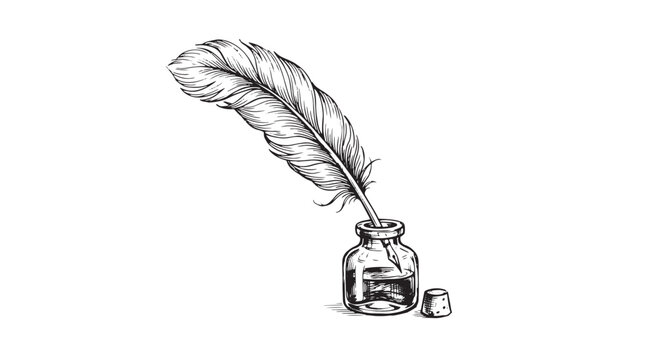 Vintage quill pen and inkwell vector illustration, antique feather writing tool, hand drawn ink bottle sketch for literature and history isolated on White Background