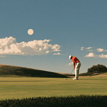 Golfer stands poised on lush green fairway. Sun hangs high above soft, rolling hills. Clouds drift gently across clear blue sky. Player focuses intently on perfect swing. Serene scene evokes calm