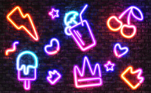 Neon signs set on brick wall background. Tropical cocktail, cherry, lightning, ice cream, heart, crown and stars for bar, casino, night club. Retro 80s glowing party aesthetic banner. 3D illustration