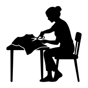 Woman Cutting Fabric with Scissors at Table
