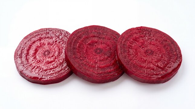 Fresh sliced red beetroot organic vegetable rings arranged neatly in a row on white background