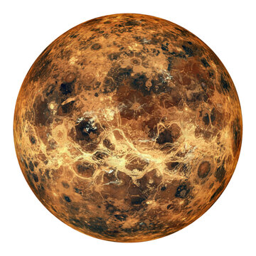 Detailed topographic view of the planet venus showing volcanic plains and impact craters on a spherical surface isolated on a transparent background