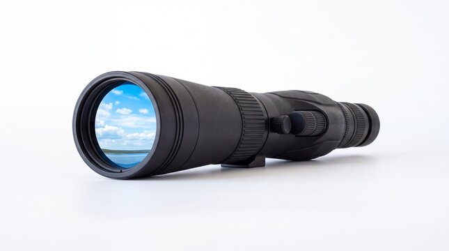 Professional black spotting scope with blue sky reflection captured in the glass lens on white background