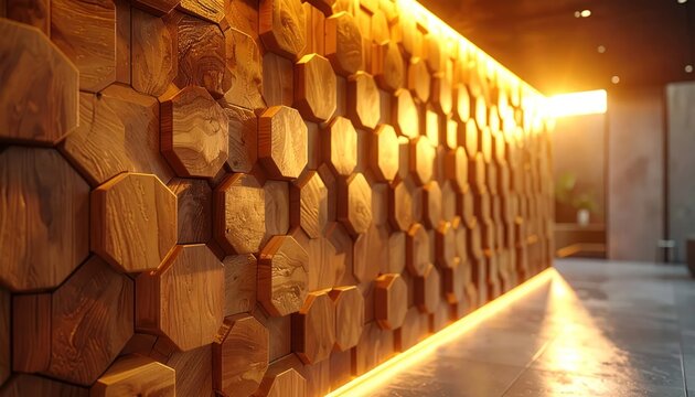 Modern geometric wooden wall paneling in warm golden light