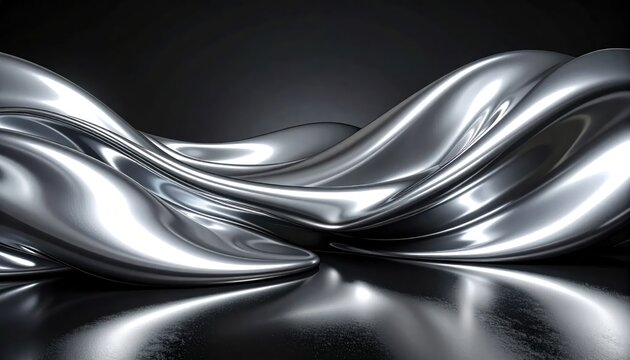 Abstract flowing liquid silver waves on black background