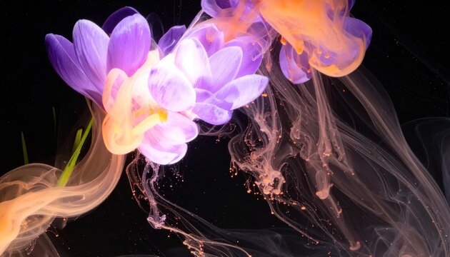 Purple flowers with orange ink swirling in dark water