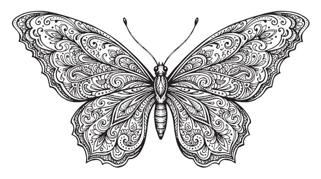 Intricate mandala butterfly vector, ornate black and white insect illustration, decorative floral butterfly line art for coloring isolated on White Background