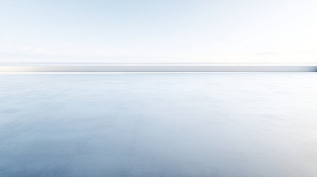 Vast empty polished floor inside an unseen minimalist space, one exceptionally long soft beam of pale blue daylight stretching diagonally across the surface toward a distant white horizon