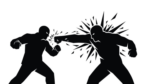 Dynamic black silhouettes of two men fighting and throwing punches with impact lines on white background.