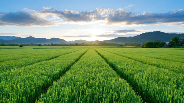 Green rice field with lush young plants at sunrise, mountains and blue sky in the background. Tranquil rural landscape, agriculture and nature concept.