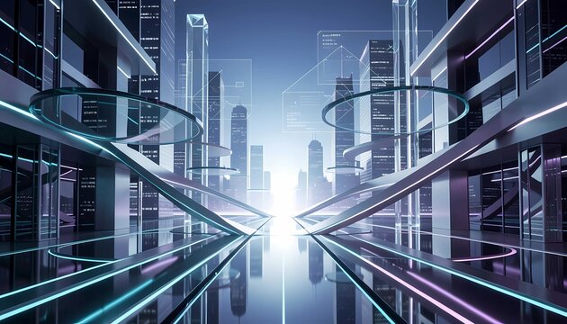 Abstract high-tech digital stage background featuring holographic display interfaces, urban skyline reflection, and cyber portal pathway