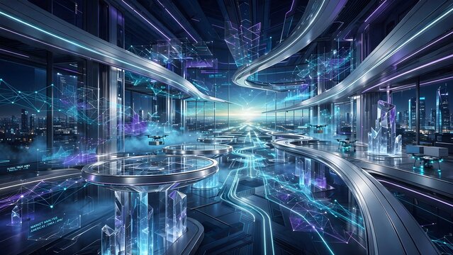 Futuristic city architectural interior with modern glass buildings, glowing neon lines, and advanced digital technology overlay