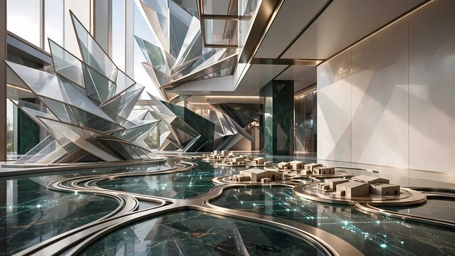 Modern business center featuring futuristic architectural lobby design