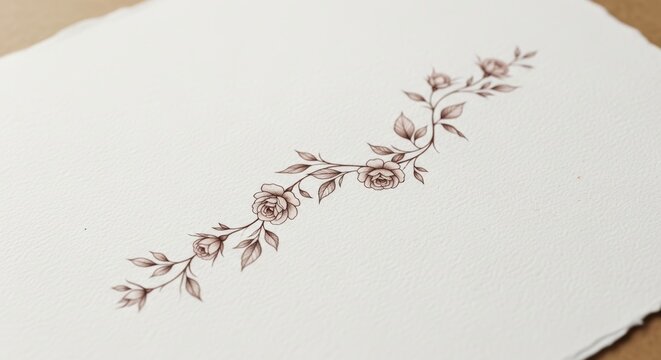 Fine line rose vine tattoo design on textured paper