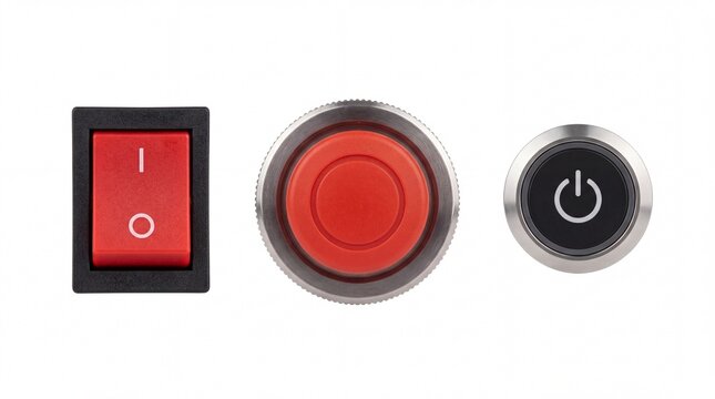 Red rocker switch plus circular emergency stop button and power toggle icon on white background